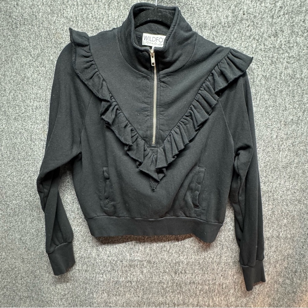 Wildfox‎ Prima Warmup Half-Zip Sweatshirt Ruffle Detail Black XXS NWT